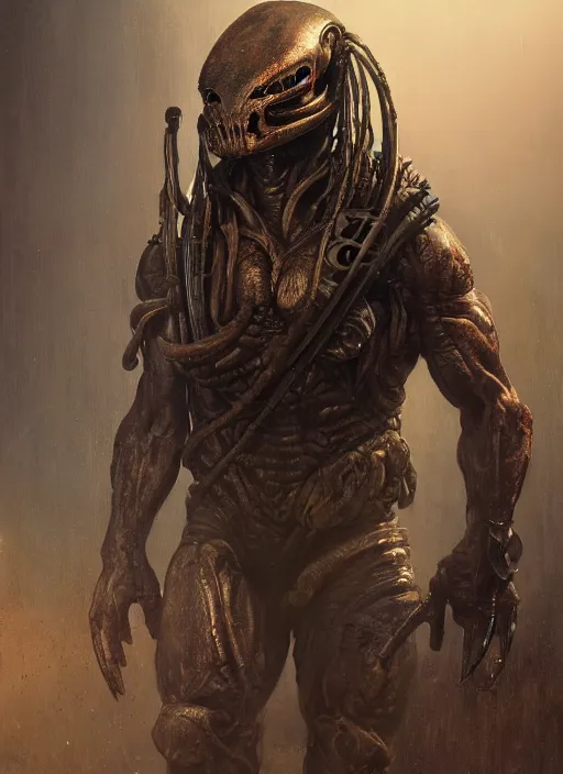 Image similar to a photorealistic dramatic hyperrealistic render of predator the alien hunter, ultra realistic details, well worn, rust, oil stains by wlop, greg rutkowski, alphonse mucha vitaly bulgarov and mike nash, beautiful dramatic dark moody tones and lighting, cinematic atmosphere, studio lighting, global illumination, shadows, dark background, concept design art octane render, 8 k