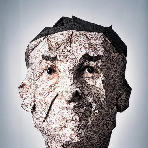 Prompt: the face of a man, layered paper, origami style, top down photography, ambient light