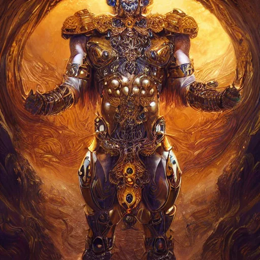 Image similar to a beautiful symmetrical muscular body wearing an armor made of golden ornaments and gems by alex gray and android jones , Karol Bak, Ayami Kojima, Amano , concept art, character design, fantasy,3D, 8k resolution