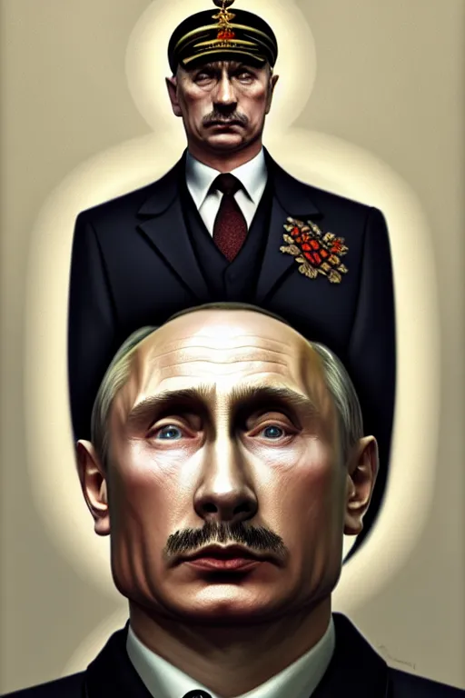 Prompt: vladimir putin as hitler, realistic portrait, symmetrical, highly detailed, digital painting, artstation, concept art, smooth, sharp focus, illustration, cinematic lighting, art by artgerm and greg rutkowski and alphonse mucha