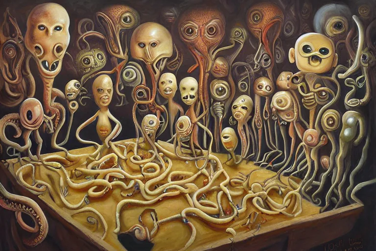 Prompt: a painting of a group of people standing around a cardboard box full or tentacled alien babies, a surrealist painting by clark voorhees, cg society, pop surrealism, lovecraftian, cosmic horror, surrealist