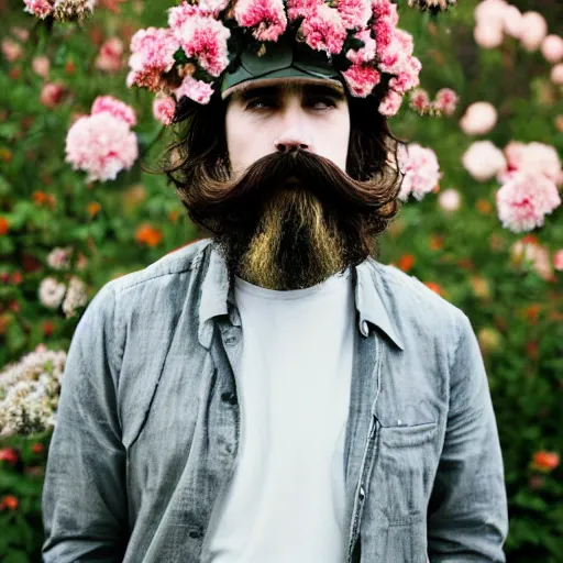 Image similar to photo portrait of a man with a moustache standing in front of flowers, tumblr contest winner, aestheticism, masculine, aesthetic