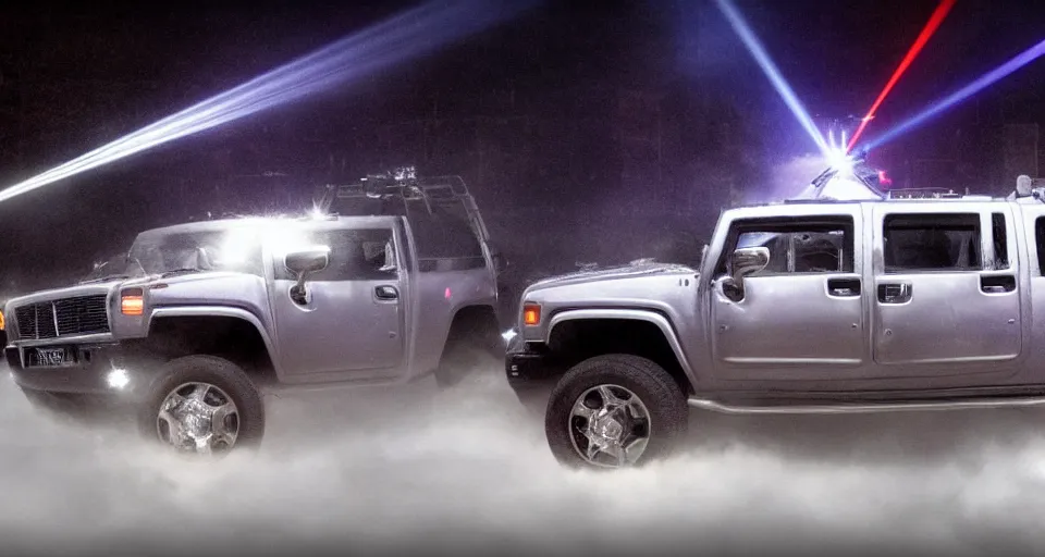 Prompt: silver hummer truck on a stage : : surrounded by fog and a laser show on stage. photo realistic.