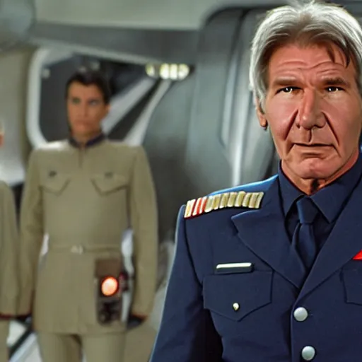 Prompt: A still of Harrison Ford as Commander Adama in Battlestar Galactica (2003), wearing a dark blue colonial uniform