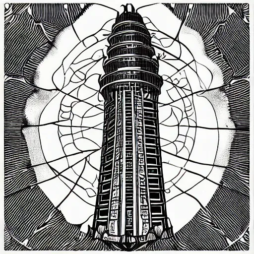 Prompt: ook cover with a drawing of a tower, an album cover by james morrison, instagram contest winner, afrofuturism, biomorphic, trance compilation cd, artwork