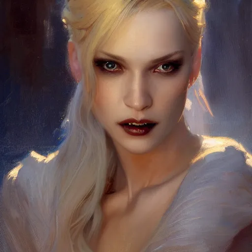 Image similar to detailed cinematic wide shot of beautiful attractive blonde vampire woman black clothes slim face symettrical face clean skin blue eyes black robe smooth, sharp focus, ultra realistic, spring light, painting by gaston bussiere, craig mullins, j. c. leyendecker