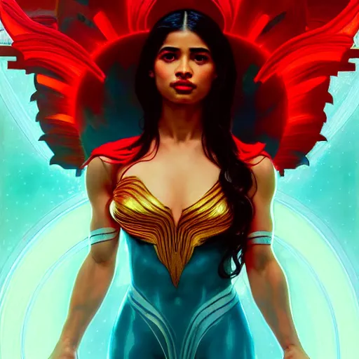 Image similar to anne curtis as darna, volumetric lights, red and cyan theme, art nouveau botanicals, intricate, highly detailed, digital painting, artstation, concept art, smooth, sharp focus, cinematic, illustration, beautiful face, art by artgerm and greg rutkowski and alphonse mucha