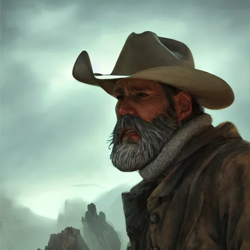 Image similar to cowboy, old, white beard, wrinkles, handsome, action pose, katana, profile, intricate, detailed, volumetric lighting, scenery, digital painting, highly detailed, artstation, sharp focus, illustration, concept art, ruan jia, steve mccurry