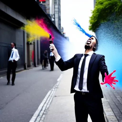 Image similar to businessman in a suit with his trousers down, holding a graffiti spray can, and screaming like a maniac in a busy city street