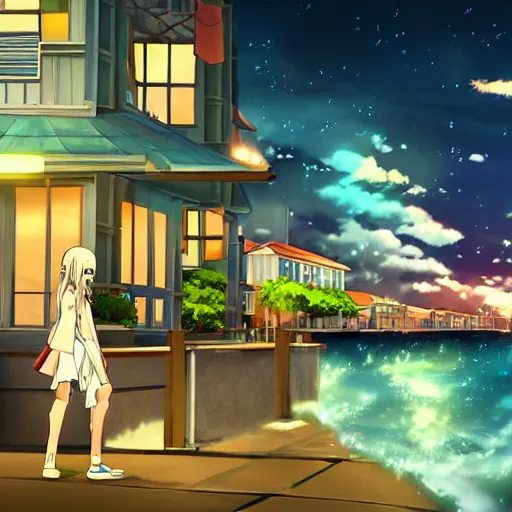 Image similar to a costal florida town at midnight, dark outside, ocean nearby, modern anime style, official anime still