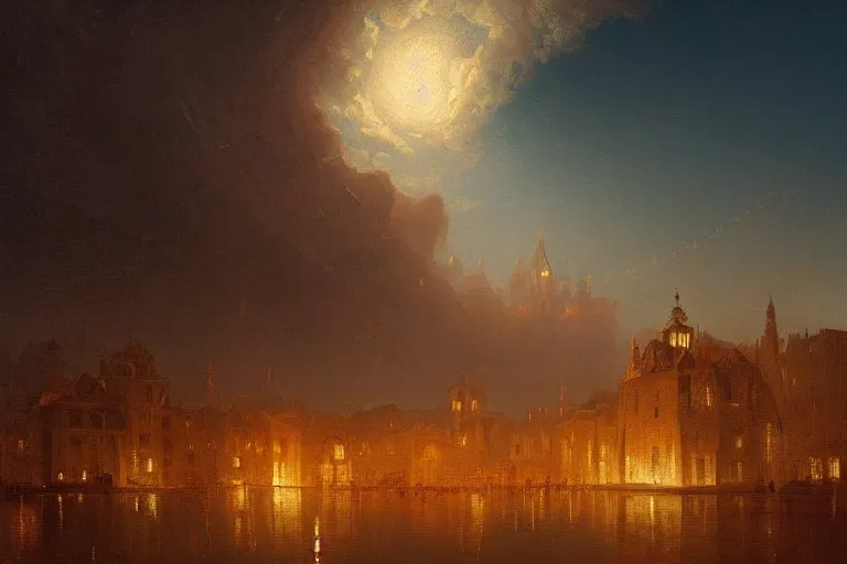 Image similar to a beautiful oil painting of a renaissance city in a serene landscape at night under the horizon line in the upper third by john howe and albert bierstadt and alena aenami and dan mumford and dave noton, unreal engine, trending on behance