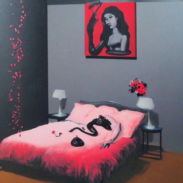 Image similar to bedroom room with black walls, sensual portrait of a woman sleeping, japanese vase, white flowers, puddle of water, octopus, squashed berries, neo - expressionism, surrealism, acrylic and spray paint and oilstick on canvas