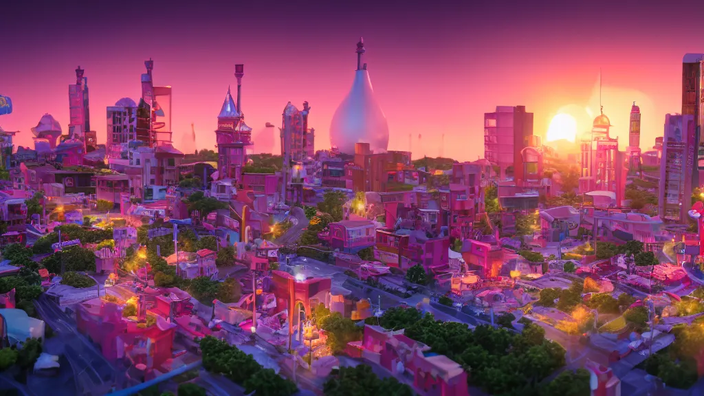 Image similar to a beautiful photograph of barbies city, sunset lighting, rim light, hyper realistic, 1 0 5 mm, cinematic frame