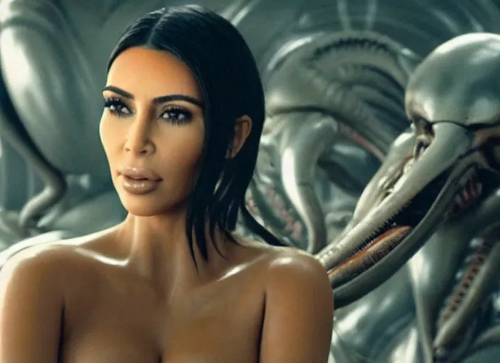 Image similar to film still of kim kardashian being ingested by an xenomorph, alien goo, transparent goo, transparent liquid, saliva, 8 k