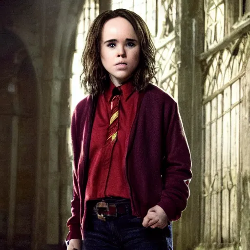 Prompt: Photo of Ellen Page as Hermonie Granger in Harry Potter, grimdark