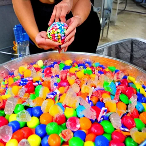 Prompt: A candy-maker melts down her creations in a cauldron that is made up of different types of sweets. It looks like an old-fashioned cauldron made out of sugar, candy, gumdrops, and other sweet treats. In the center, there is a large crystal ball floating above it with various kinds of candies on top of it. The candies move around the ball. A small hole at the bottom lets steam escape from the cauldron.