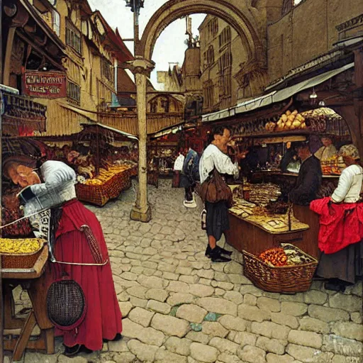 Prompt: a mockup of a medieval street market, art by Norman Rockwell