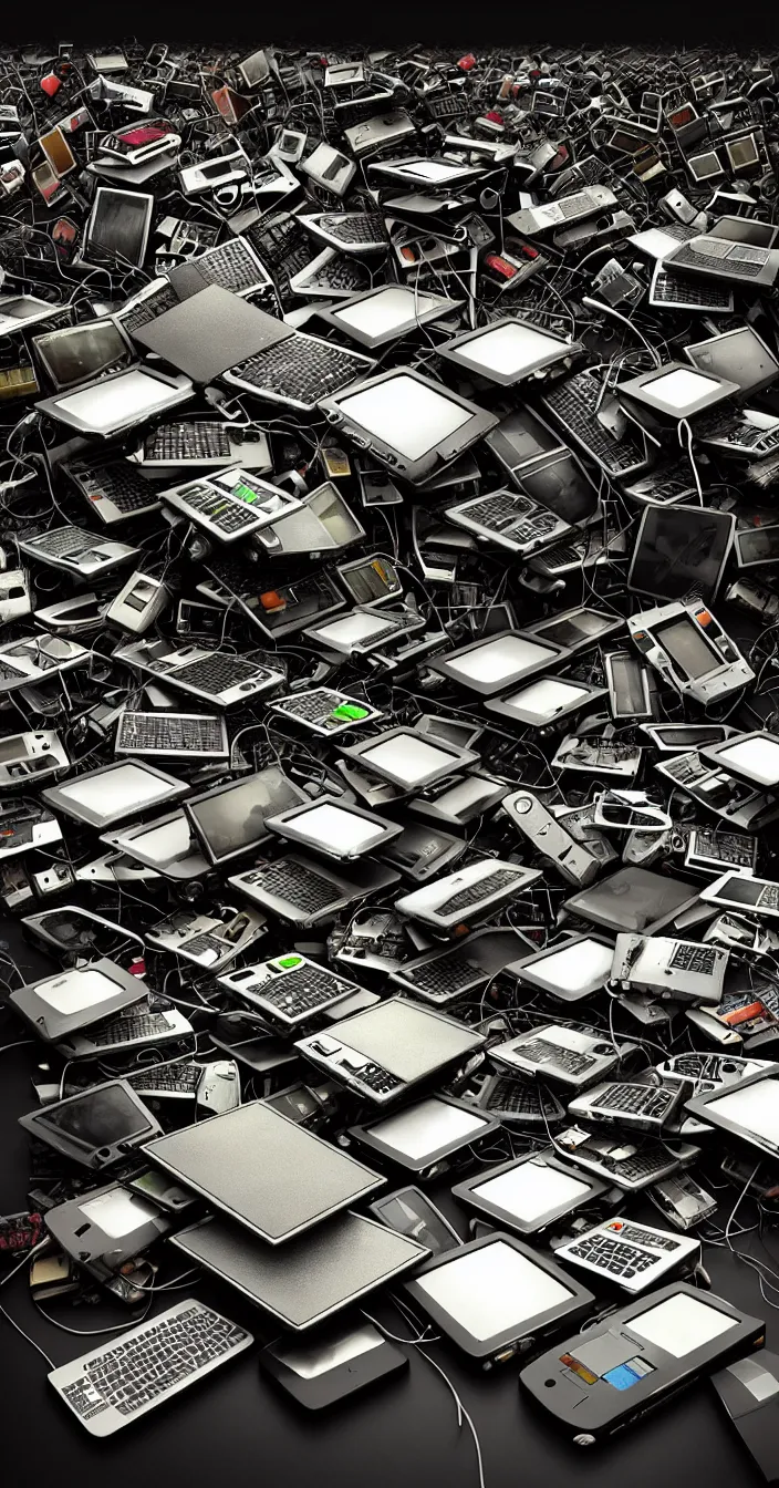 Prompt: realistic photo of piles of electronic waste of computers, mobiles and other items, very sharp focus, very hyper realistic, art of greg rutsowski, highly detailed, fantasy art station