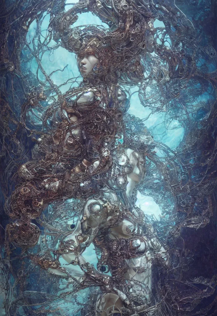 Prompt: symmetry!! biblical diabolical bautiful cyborg girl, glowing veins! intricate detailed porcelain armor, ocean on alien planet titan, underwater photography, by gerald brom, by mikhail vrubel, by peter elson, muted colors, extreme detail, trending on artstation, 8 k