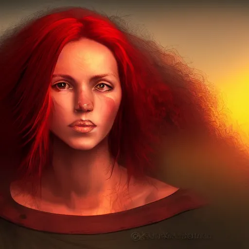 Prompt: Beautiful red haired warrior priestess, sunset, backlit, digital art, trending on ArtStation