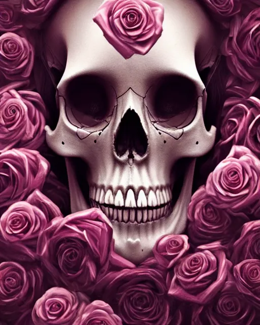 Image similar to portrait of a female skull with roses instead of eyes. roses, intricate abstract upper body intricate artwork, by tooth wu, wlop, beeple, dan mumford. concept art, octane render, deviantart, greg rutkowski, cinematic arthouse, key art, hyper realism, iridescent accents