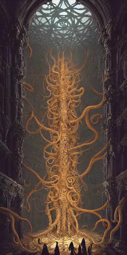 Image similar to group of people species mages with octopus heads and a lot of small translucent jellyfishes floating around inside an ancient mage castle hall colossal scale, gothic and baroque, brutalist architecture, ultradetailed, Intricate by Ellen Jewett and Josan Gonzalez and Giuseppe Arcimboldo