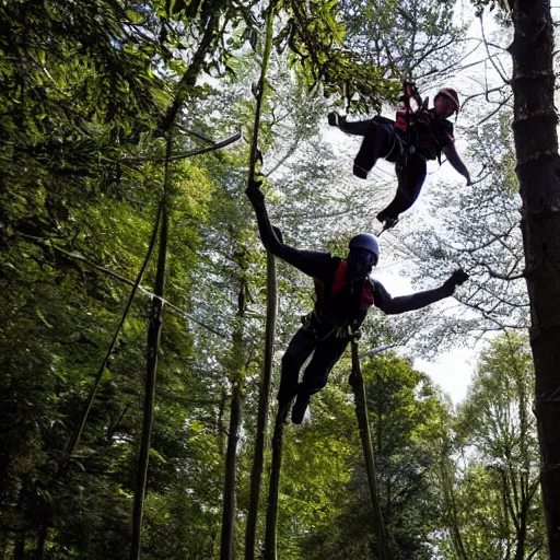 Prompt: scared go ape instructor falling out of a tree, dramatic shot, national geographic