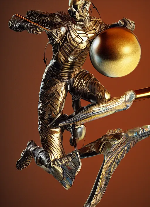 Image similar to An epic fantastic realism comic book style painting of a bronze archery sculpture from the future by Stanislaw Szukalski, gilded colorful marbled paper background, winged archer, perfect shiny iridescent silver spheres, fisheye lens, unreal 5, DAZ, hyperrealistic, octane render, dynamic lighting