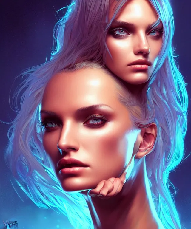 Image similar to Supermodel woman turning into an Android portrait, dark surrealism , scifi, intricate, elegant, highly detailed, teal neon glowing eyes, digital painting, artstation, concept art, smooth, sharp focus, illustration, art by artgerm and moebius and alphonse mucha