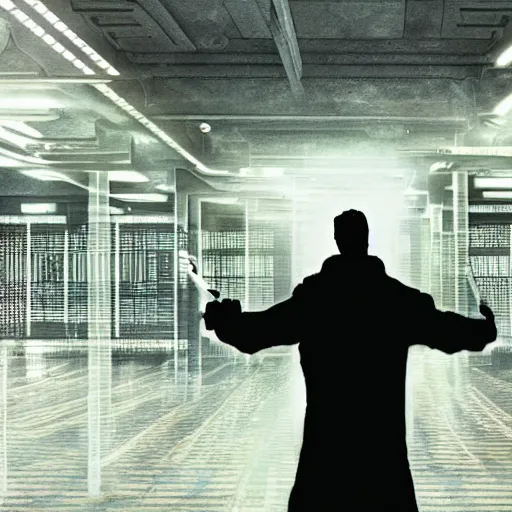 Prompt: a man walking into the matrix, concept art, illustration, highly detailed, artwork, cinematic, hyper realistic