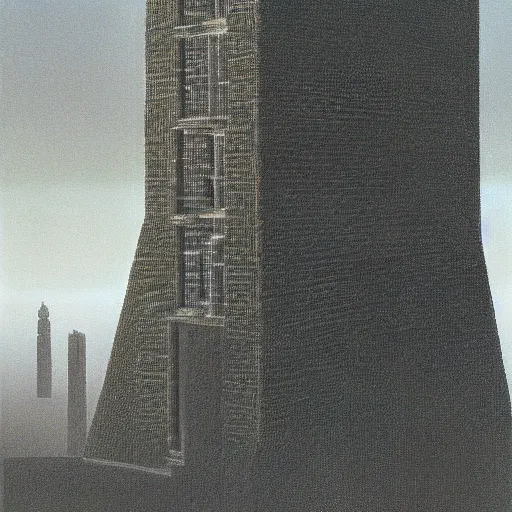 Prompt: buildings the size of gods, eco-brutalism, by Zdzisław Beksiński