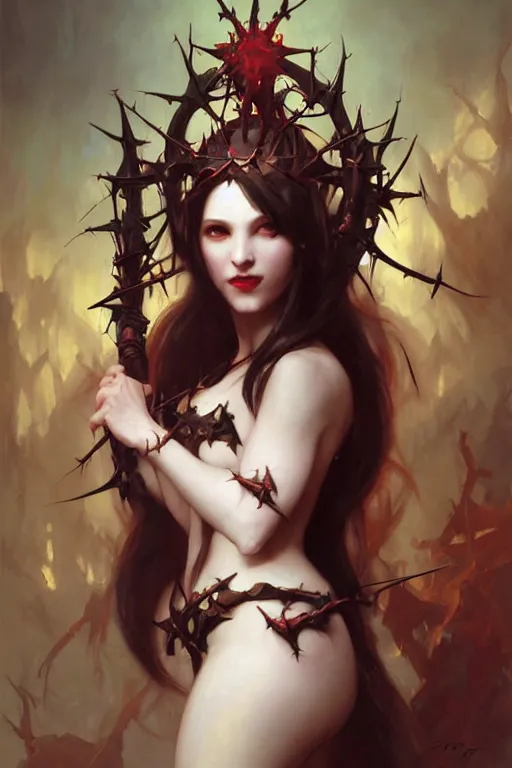 Image similar to Portrait of beautiful pale laughing succubus maiden with crown of thorns and glowing energy eyes, Warhammer 40000, digital art from artstation by Ruan Jia and Mandy Jurgens and Artgerm and william-adolphe bouguereau