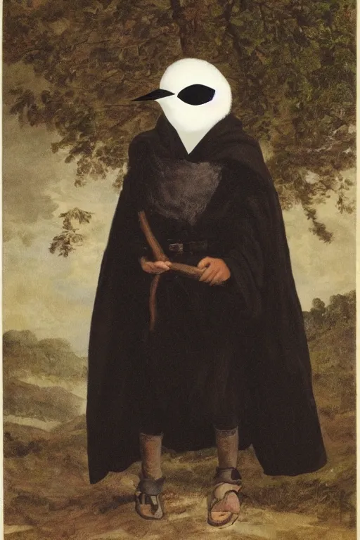 Image similar to a young adventurer wearing a white bird mask and a black cloak.