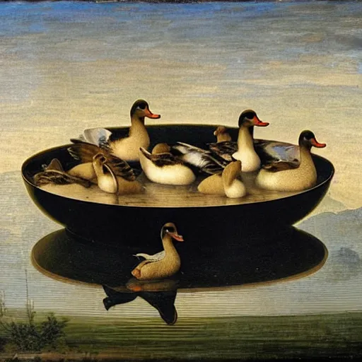 Image similar to ducks swimming in a big bowl of soup, renaissance painting, morning lighting, 8k