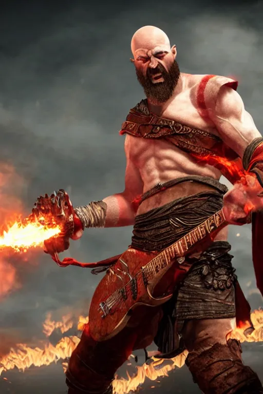 Image similar to kratos rocking out on a flaming stratocaster guitar, cinematic render, god of war 2 0 1 8, playstation studios official media, lightning, flames, red stripe, red stripe, clear, coherent