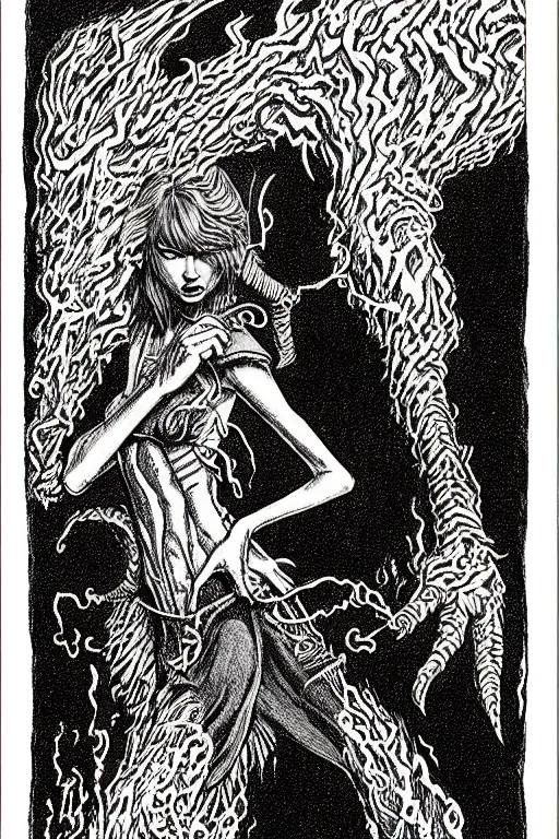 Prompt: taylor swift smoke elemental as a d & d monster, full body, pen - and - ink illustration, etching, by russ nicholson, david a trampier, larry elmore, 1 9 8 1, hq scan, intricate details, inside stylized border