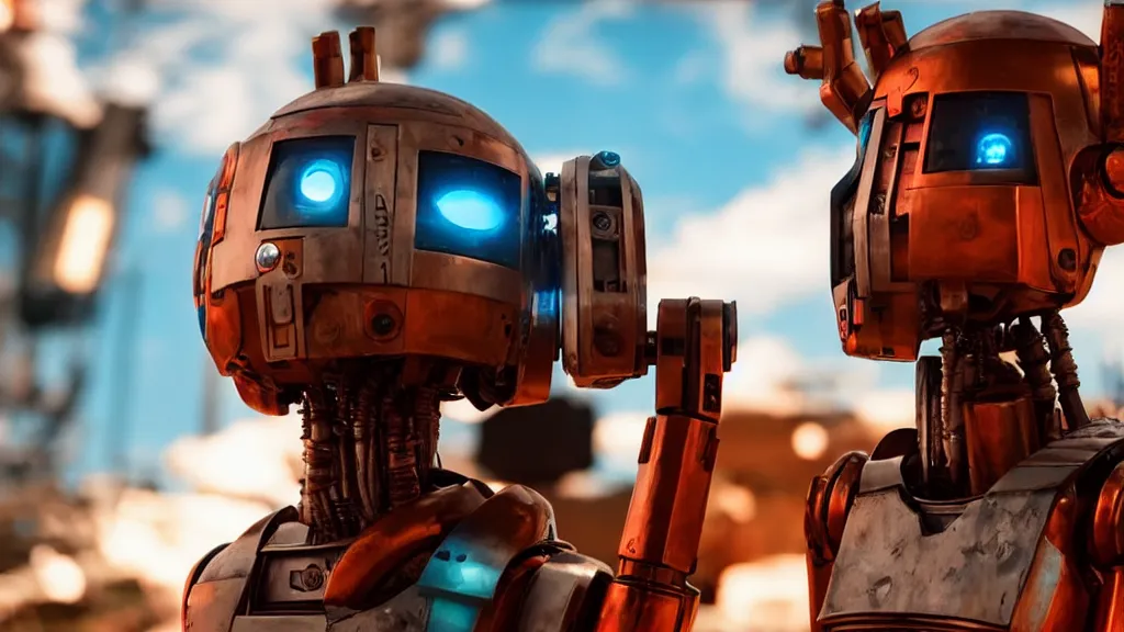 Prompt: film still from the movie chappie of the robot chappie shiny metal outdoor planet mars deep orange red rock scene bokeh depth of field several figures hip hop funk band promo furry anthro anthropomorphic stylized cat ears head android service droid robot machine fursona