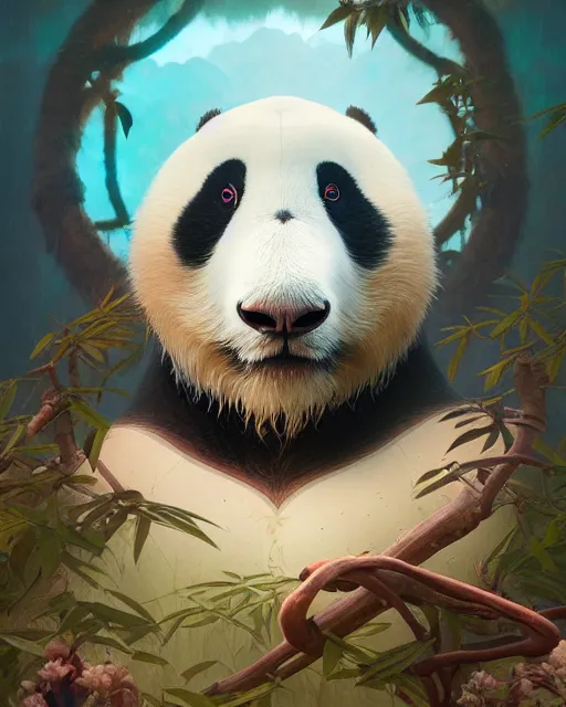 Image similar to highly detailed surreal vfx portrait of a sacred panda, stephen bliss, unreal engine, greg rutkowski, loish, rhads, beeple, makoto shinkai and lois van baarle, ilya kuvshinov, rossdraws, tom bagshaw, alphonse mucha, global illumination, detailed and intricate environment