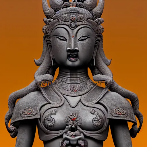 Image similar to naraka buddhist demon korean female, highly detailed, symmetrical long head, smooth marble surfaces, detailed ink illustration, raiden metal gear, cinematic smooth stone, deep aesthetic, concept art, post process, 4 k, carved marble texture and silk cloth, latex skin, highly ornate intricate details, in the style of 8 8 grzes