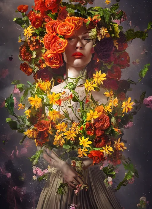 Prompt: An epic fantastic realism comic book style painting of the most beautiful flowers launched into space, bouquets, Shamanic Mask, fisheye lens, unreal 5, DAZ, hyperrealistic, octane render, dynamic lighting