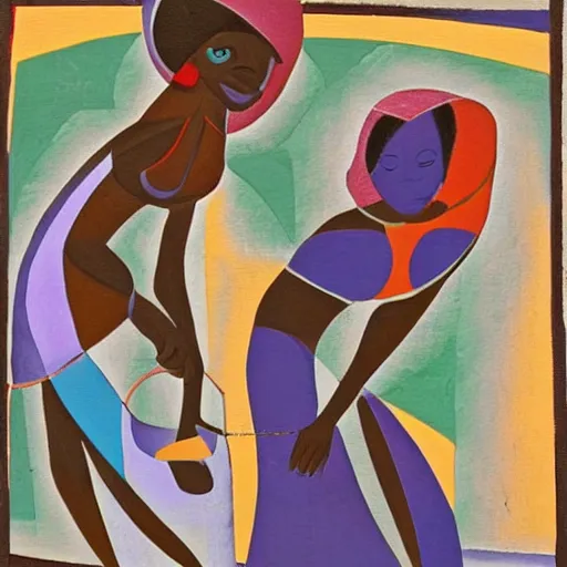 Image similar to two African Women weaving a net by the ocean as the tide comes in , high quality art in the style of cubism and georgia o’keefe,