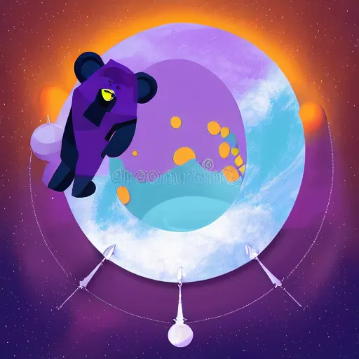 Image similar to cartoon illustration of a bear mascot being launched from a futuristic marble planet, purple and orange cloudland