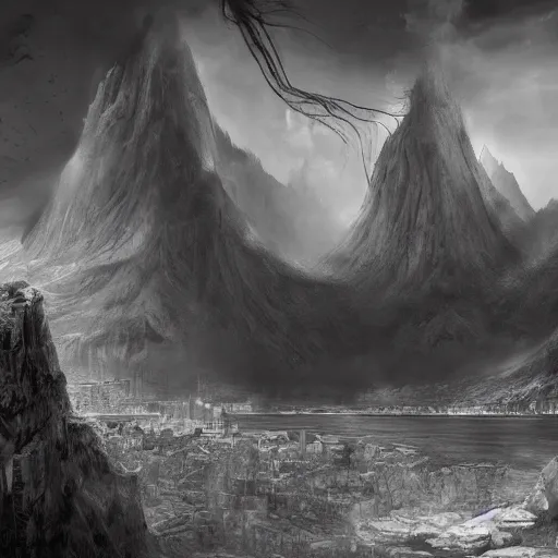 Image similar to the coming of a new age, black and white matte painting