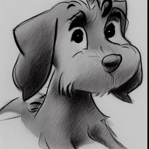 Image similar to milt kahl pencil sketch of happy mini schnauzer cartoon lady and the tramp style