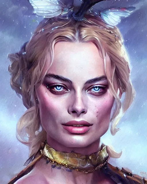 Image similar to margot robbie as a fairy, hyper realistic face, beautiful eyes, fantasy art, in the style of greg rutkowski