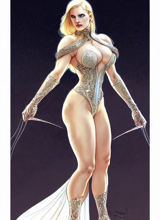 Image similar to symmetry!! intense fanart of back pose of emma frost as acotar protagonist, traditional queen dress, intricate, hyper detailed background, elegant, highly detailed, my rendition, digital painting, artstation, concept art, smooth, sharp focus, illustration, art by artgerm, greg rutkowski and alphonse mucha, by hajime sorayama and boris vallejo