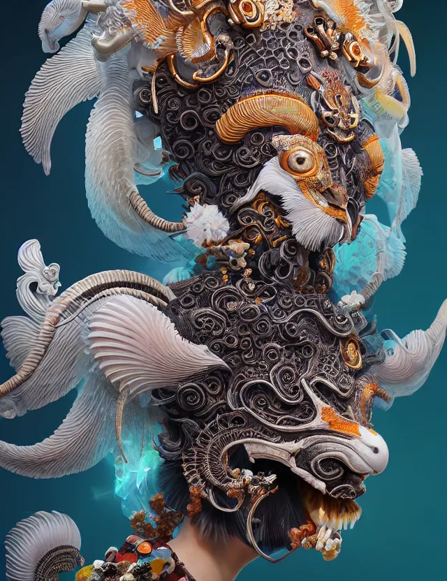 Image similar to 3 d goddess close - up frontal portrait with ram skull. beautiful intricately detailed japanese crow kitsune mask and clasical japanese kimono. betta fish, jellyfish phoenix, bio luminescent, plasma, ice, water, wind, creature, artwork by tooth wu and wlop and beeple and greg rutkowski