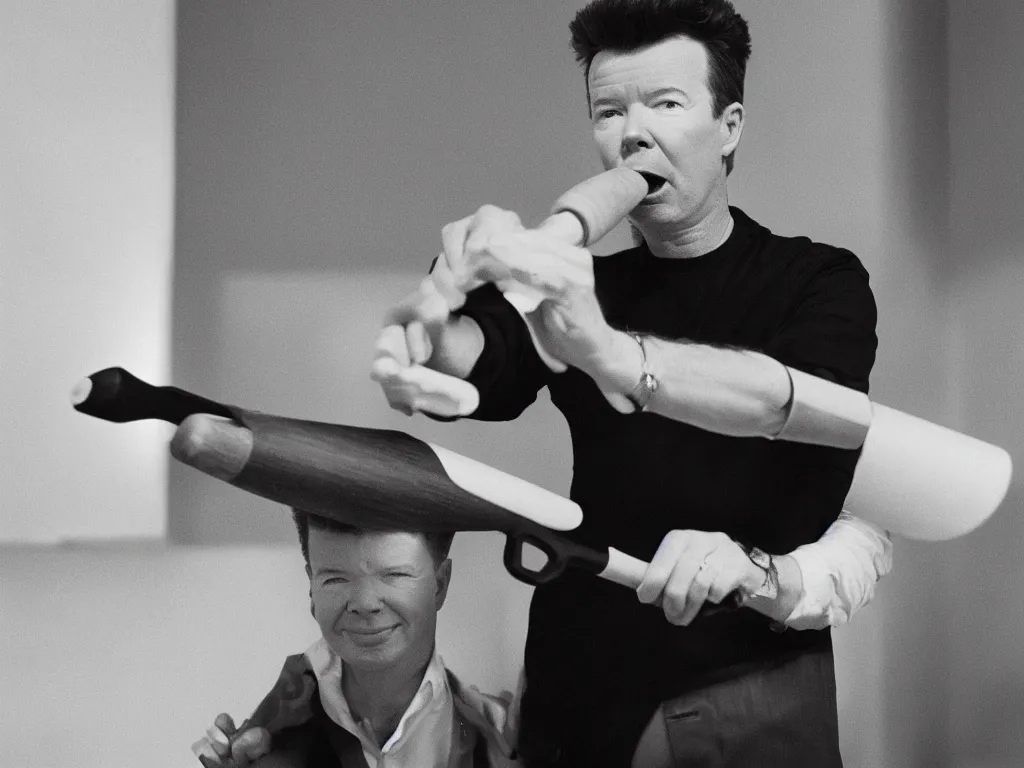 Prompt: rick astley using a rolling pin, sharp detail, cinematic