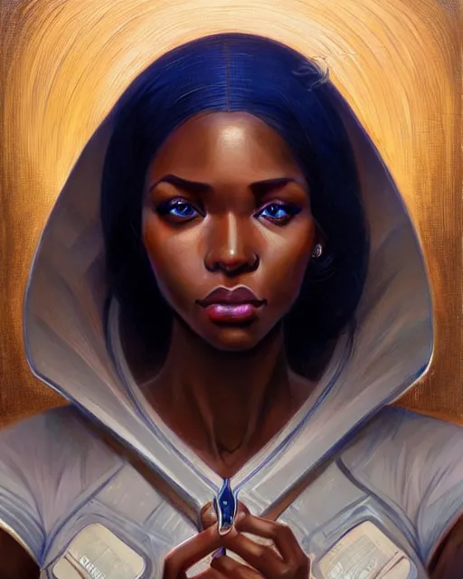 Image similar to Portrait of very very very very very very beautiful nigerian woman, spacesuit, blue eyes, real life skin, intricate, elegant, highly detailed, artstation, concept art, smooth, sharp focus, art by artgerm and greg rutkowski and alphonse mucha