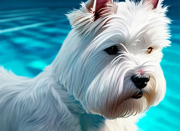 Image similar to closeup portrait of a west highland white terrier sitting by a pool, bright, reflections, intricate, sharp focus, lens flare, bloom, illustration, highly detailed, digital painting, concept art, matte, art by ruan jia and wlop and greg rutkowski, masterpiece